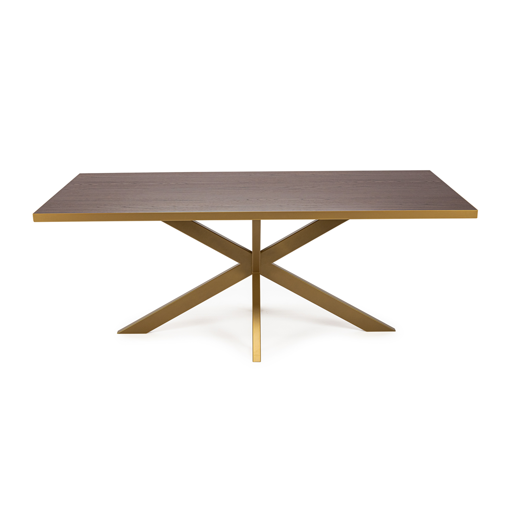Rechthoekige eettafel Gijs met mat bruin FSC-houten blad, slank goudkleurig stalen kruisframe en subtiele goudaccenten